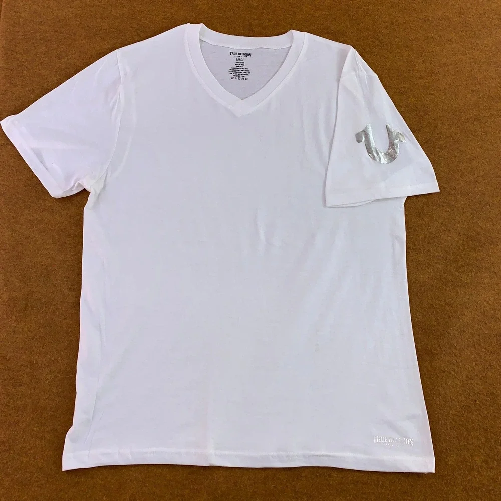 True Religion Mens Large White Gold Silver Foil Logo V-Neck T-Shirt 2 Pack
